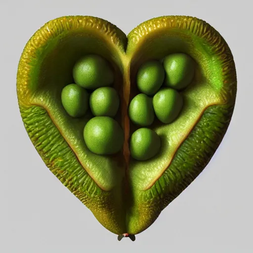 Prompt: 3d render of a human heart made of kiwifruit flesh. 4k. intricate. Trending on artgerm and artstation. Painted by greg rutkowski. Award winning photorealistic digital art