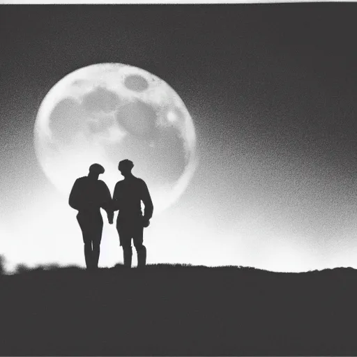 Image similar to silhouettes of two men holding hands on top of a hill with the moon visible in the sky behind them, black and white