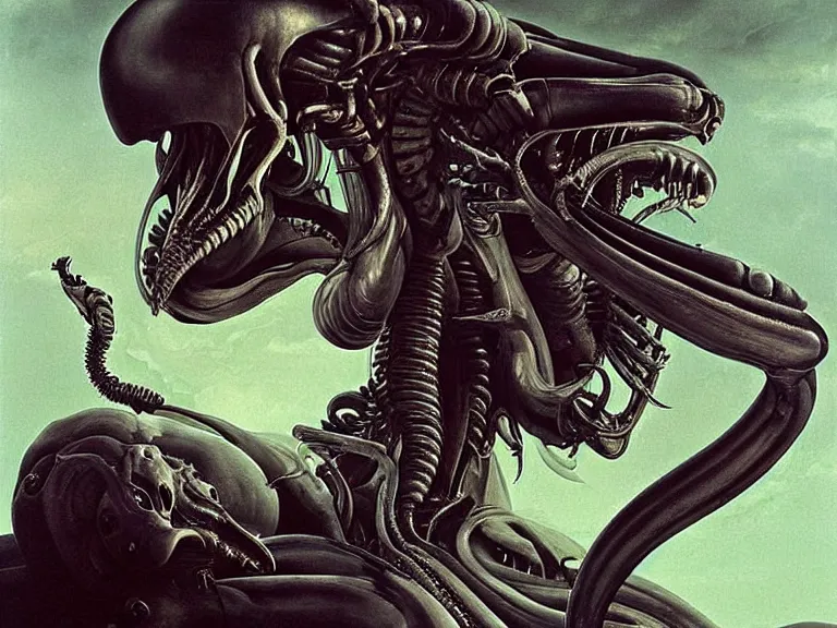 Prompt: a detailed profile painting of xenomorph, cinematic sci-fi poster. Spaceship high in the background. Flight suit, anatomy portrait symmetrical and science fiction theme with lightning, aurora lighting clouds and stars. Clean and minimal design by beksinski carl spitzweg giger and tuomas korpi. baroque elements. baroque element. intricate artwork by caravaggio. Oil painting. Trending on artstation. 8k