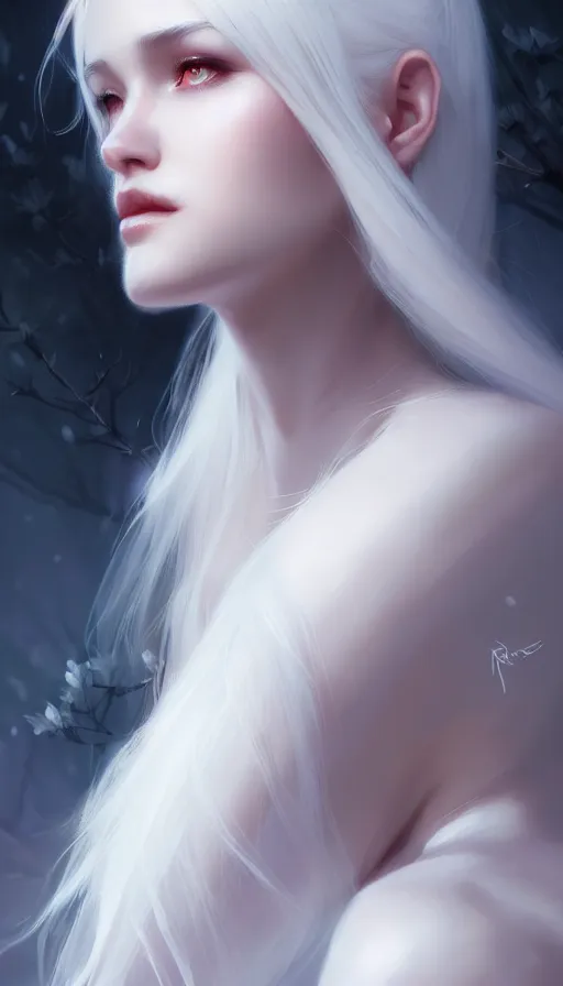 Image similar to portrait of a beautiful girl, flowy white hair, cinematic lighting, highly detailed, dark forest, digital painting, trending on artstation, pixiv, concept art, sharp focus, illustration, art by ross tran and wlop