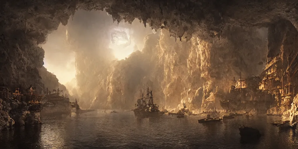 Image similar to a secret pirate town and harbor, in a cave. underexposed, dark, centered. atmospheric matte painting by darek zabrocki and emmanuel shiu, 4 k ultra detailed, cinematic.