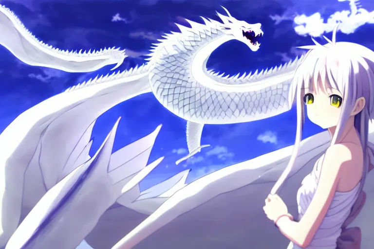 Image similar to anime art full body portrait character concept art, panorama, be surrounded by a huge silver white dragon center, lie on white clouds fairyland, anime key visual of white dragon and girl, finely detailed perfect face delicate, distant lens, style of raphael lacoste, trending on pixiv fanbox, james jean, studio ghibli, xision, extremely high quality artwork