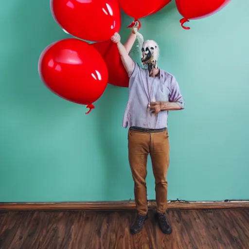 Image similar to man with a cactus head in a room full with red balloons