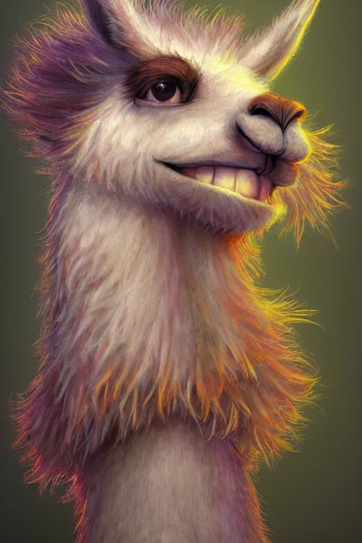 Prompt: A cutest adorable furry llama portrait made of dreams and hopes, smiling, cartoony, 4k hd storybook illustration by Brian Froud, Geoff Darrow, Moebius, Beeple, detailed illustration, #oc, Artstation, CGsociety, behance