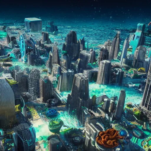 Prompt: professional photo of giant scifi city under bubbles in the sea, ultra detailed, realistic, photorealistic, wide-angle, 8k