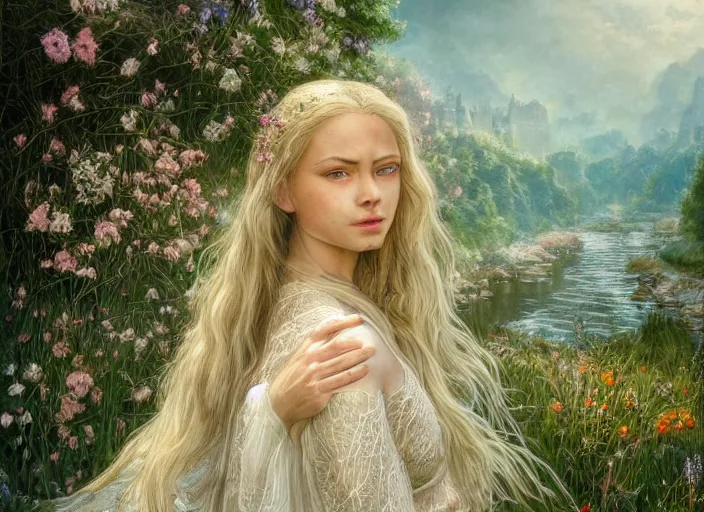 Image similar to portrait of a beautiful women with wings of lace in a lord of the rings scenery landscape, symmetrical body, face by artgerm, river, tall flowers, sunny day, highly detailed, perfect lighting, perfect composition, 4 k, by alan lee, by derek zabrocki, by greg rutkowski