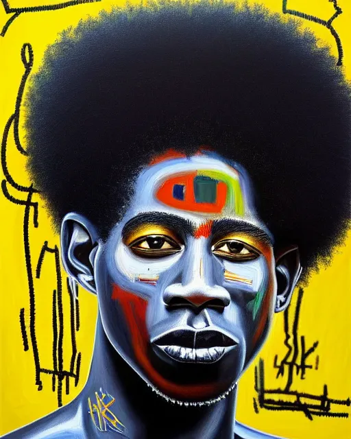 Image similar to A extremely ultra highly detailed majestic hi-res beautiful immaculate head and shoulders award winning painting stunning masterpiece of the face of a strong black african man with an afro by Jean-Michel Basquiat, 8k, high textures, ultra hyper sharp, insanely detailed and intricate, super detailed, 8k HDR ultra high quality