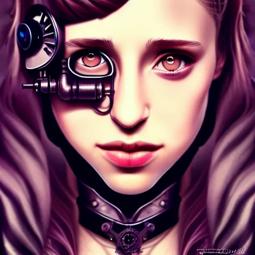 Image similar to in the style of diego fazio, artgerm, beautiful taissa farmiga, steampunk, full color, elegant pose, middle shot waist up, symmetrical face symmetrical eyes, three point lighting, detailed realistic eyes, short neck, insanely detailed and intricate elegant