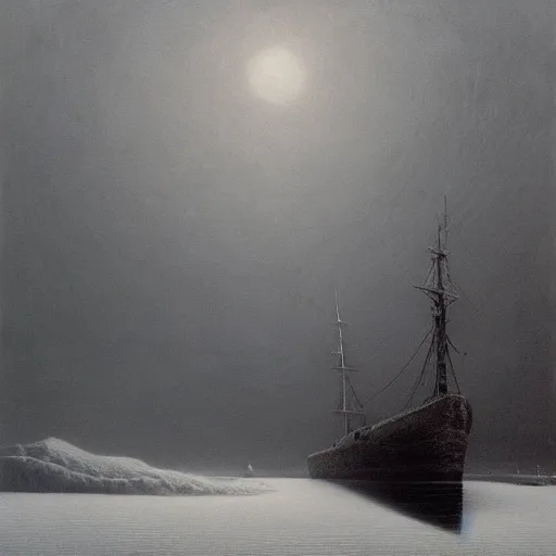 Image similar to an ice ship by Zdzisław Beksiński, oil on canvas