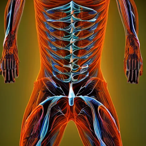 Image similar to full frame human body with fractal microorganisms aura, fine details, symmetrical, fine details, muscles, veins, artery, 90's aesthetic, x-ray, noise film, photo