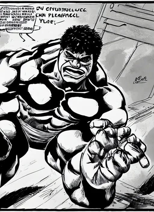 Prompt: Hulk trying to learn how to type on a computer, frustrated, comic panel, inking, comic art, detailed, trending on artstation,