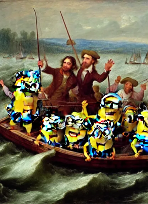 Image similar to minions crossing the delaware, oil painting by emanuel leutze, exact replica