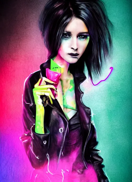 Image similar to a photo of 8 k ultra realistic a black haired female in high heels and a black leather jacket, pink, purple, green, yelow, red, blue, white neon, art by lise deharme