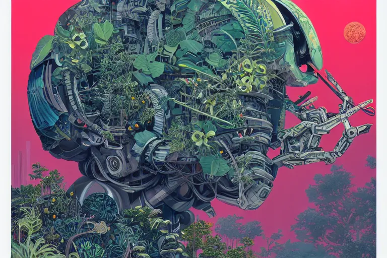 Image similar to gigantic mecha head with lot of details, a lot of exotic vegetation, trees, flowers by moebius, dull colors, junji ito, tristan eaton, victo ngai, artgerm, rhads, ross draws, hyperrealism, intricate detailed, risograph