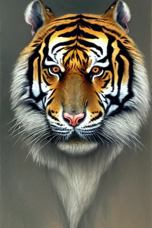 Image similar to hyper realistic portrait of a fierce tiger in the style of wayne barlowe, gustav moreau, goward, bussiere, roberto ferri, santiago caruso, luis ricardo falero, austin osman spare