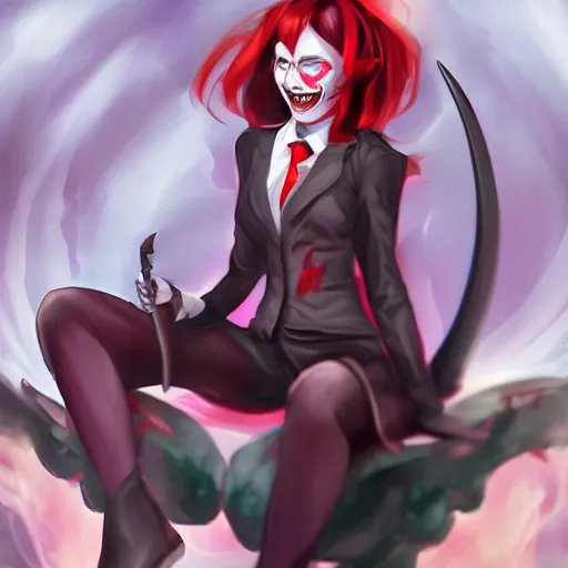 Prompt: A laughing and beautiful demon girl with horns and pointy ears, dressed in a black suit with a red tie, sitting on an obsidian and emerald throne, holding a goblet, digital art, incredible quality, trending on artstation