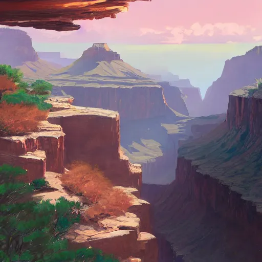 Image similar to concept art painting of a wide grand canyon with ocean inside, giant river, with unfinished bridge under construction, realistic, detailed, cel shaded, in the style of makoto shinkai and greg rutkowski and james gurney