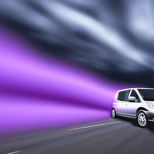 Image similar to purple tornado following white minivan, photo, 4k, realism