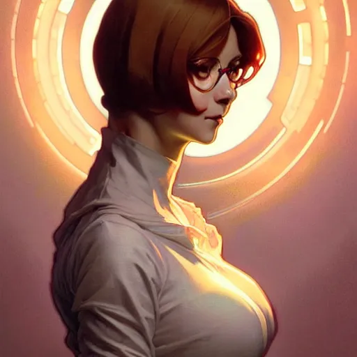 Image similar to art by artgerm and greg rutkowski and alphonse mucha. clear portrait of velma dinkley!! blonde, modest full - figured holy body!! strong, tall, light effect. hyper detailed, glowing lights!! intricate, elegant, digital painting, artstation, smooth, sharp focus