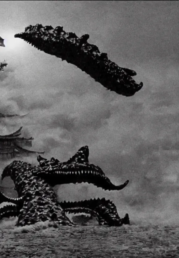 Image similar to a filmstill of a north korean monster movie, kaiju - eiga monster starfish - like trampling a traditional korean palace, foggy, film noir, epic battle, etheral, explosions, communist propaganda, communist epic thriller, by akira kurosawa and wes anderson video compression