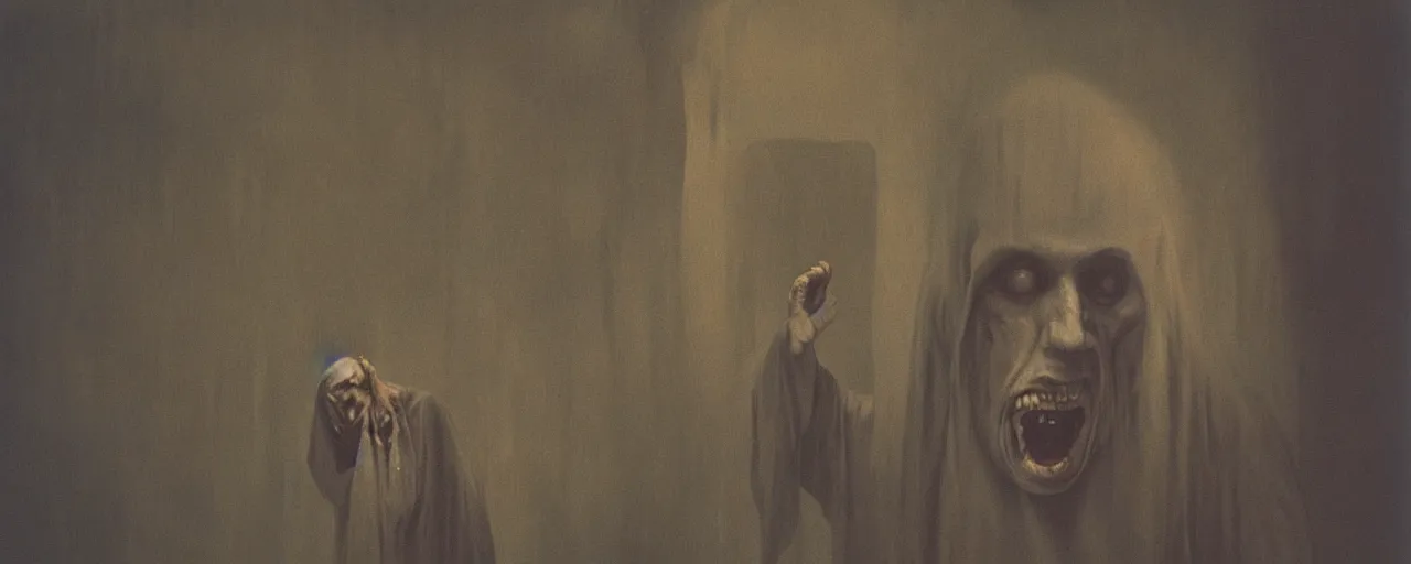 Prompt: vintage color footage exaggerated sombre exorcism scared priest, wide open mouth in terror, crying figures inside mental hospital by zdzisław beksinski and annie leibovitz, artstationhq iamag