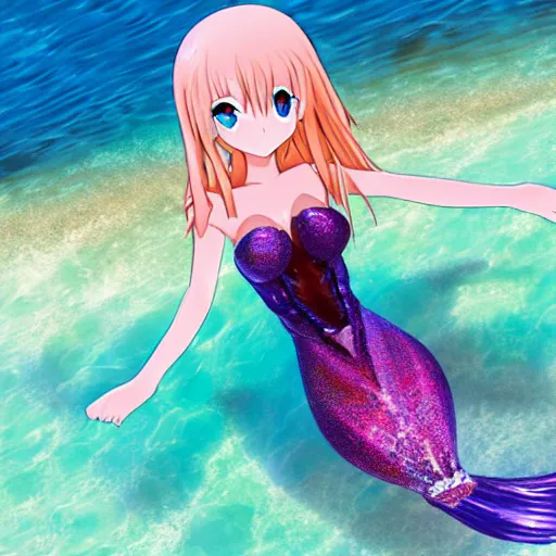 Image similar to anime cyber mermaid on the beach of a tropical island