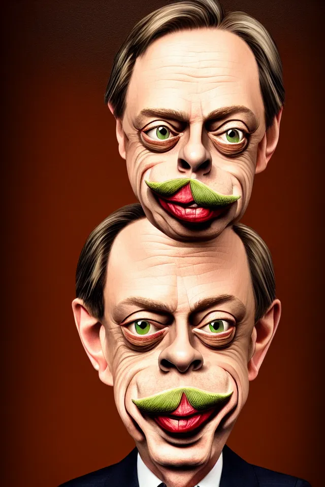 Prompt: caricature renaissance portrait of steve buscemi as a highly detailed respected dragonskinned avocado, fake mustache, dramatic cinematic lighting, 8 k, beautiful intricate painting