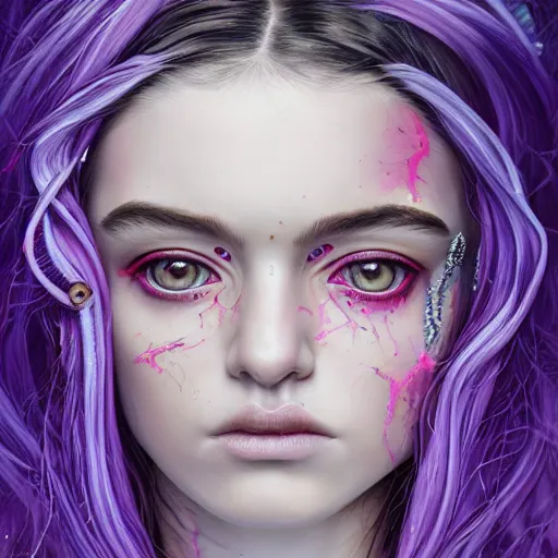 Prompt: detailed art portrait of a furious teen girl with thin, hair-like purple tentacles on her head and bright purple eyes, 8k,by tristan eaton, Stanley Artgermm,Tom Bagshaw,Greg Rutkowski,Carne Griffiths,trending on DeviantArt, face enhance,hyper detailed ,full of colour