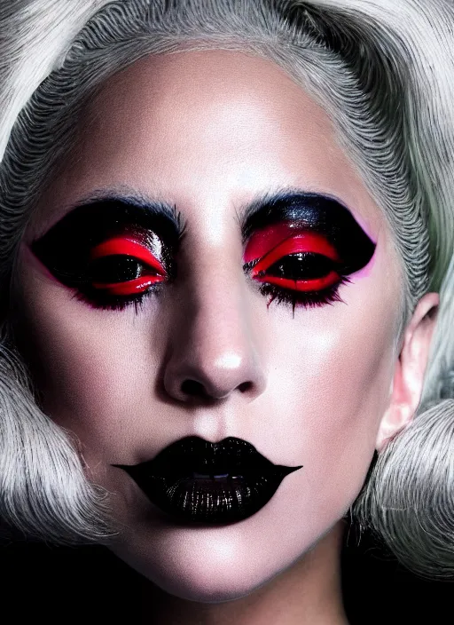 Image similar to lady gaga by nick knight, born this way, born this way album, black winged eyeliner, black lipstick, red weapon 8 k s 3 5, cooke anamorphic / i lenses, highly detailed, cinematic lighting