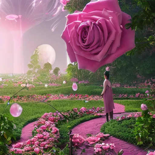 Image similar to a beautiful hyperdetailed matte painting of a rose - garden out of rose - quartz by beeple, digital art, trending on artstation, rectilinear, octane render, hyperrealism.