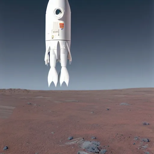 Prompt: a large white rocket lands on the surface of mars, retro futurism, high quality, high resolution