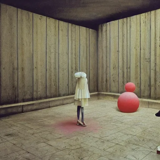 Image similar to liminal spaces, faceless clowns frolicking in a plain, brutalist environment, with faded colors and soft pastels. as an award winning masterpiece with incredible detailed, by zhang kechun, surreal and vaporwave painting by thomas cole, highly detailed