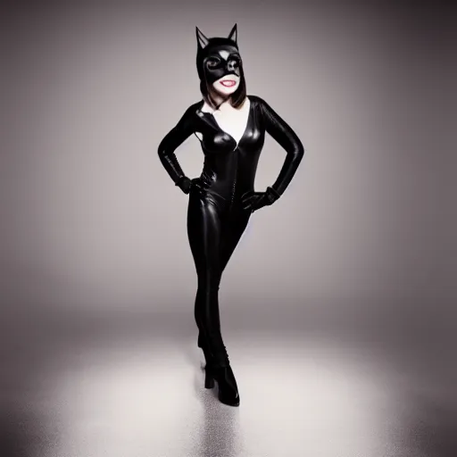 Image similar to Fully-clothed full-body portrait of Emma Stone as catwoman, trending on VSCO, XF IQ4, 55mm, studio lighting, shiny