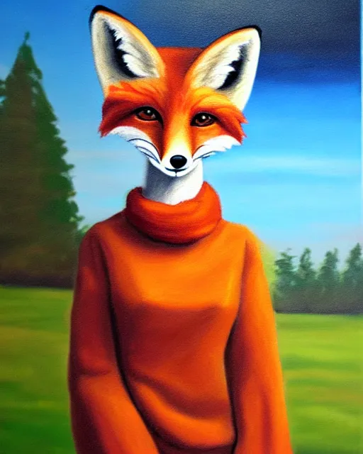 Prompt: oil painting portrait of anthropomorphic female fox animal dressed in sweater and scarf, fox animal, movie set in background, oil painting,