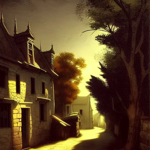 Image similar to in the style of gerald brom, caravaggio, beautiful small town, houses and buildings, 1 8 0 0 s, cobblestone roads, low light, end of day, trees, forest in the distance, light mist