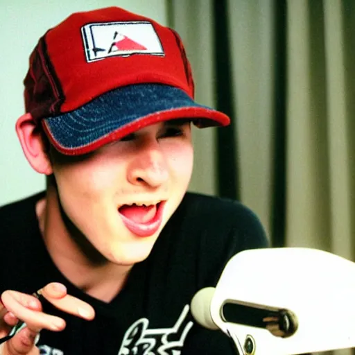 Prompt: 19-year-old boy wearing baseball cap and baggy jeans, tattoos, singing into microphone, 2002 alternative metal, nü metal, VHS quality, MTV