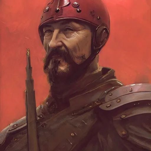 Image similar to felix dzerzhinsky as holy red knight protector of mother russia, colourised, face portrait, epic, military art, fantasy, dieselpunk, hd shot, digital portrait, beautiful, artstation, comic style, by artgerm, guy denning, jakub rozalski, magali villeneuve and charlie bowater