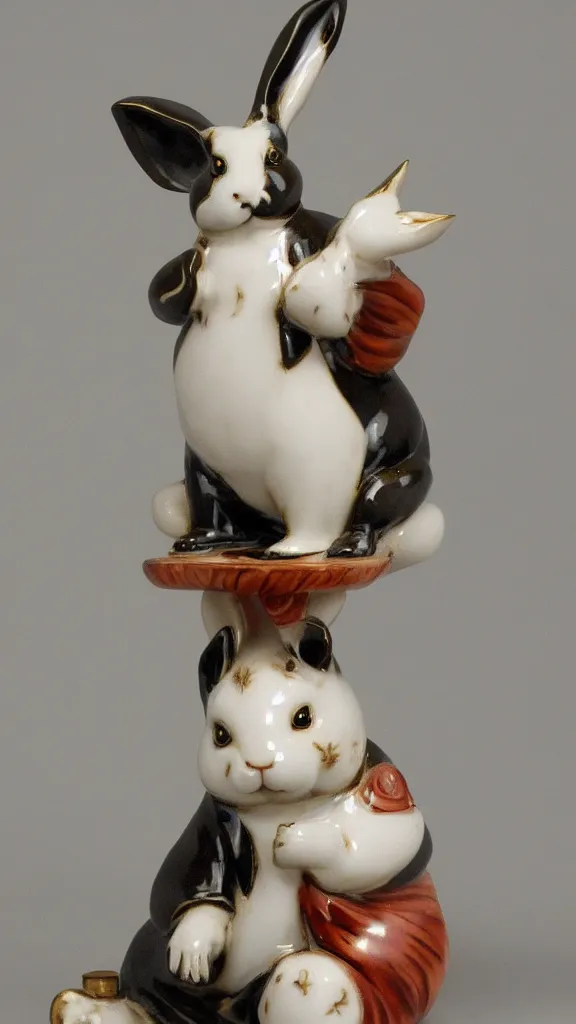 Image similar to porcelain rabbit statue with having a japanese kiseru in hand painted by john singer sargent