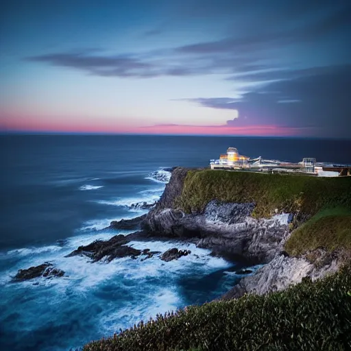 Prompt: night, blue hour, early night, deep blue atmosphere, overcast, low light, sundown, scattered islands, sea, ocean, low pressure system, cloud with eye, very windy, late evening, distant hotel retreat on cliffside, shining lights on cliff side, polaroid photograph