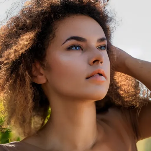 Prompt: a still of a model looking off into the distance, with a soft, natural light falling on her face. the focus is on her eyes and brows, which are perfectly shaped and well - defined. fujifilm x - pro 2.