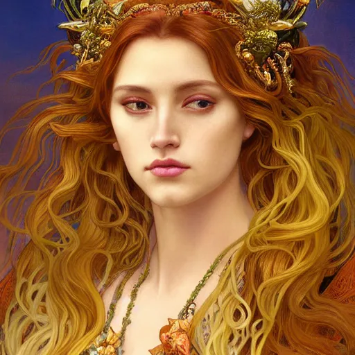 Image similar to portrait of a beautiful alluring female nature spirit goddess at sunset, detailed, centered, digital painting, artstation, concept art, donato giancola, Dante Gabriel Rossetti, alphonse mucha, Joseph Christian Leyendecker, WLOP, Boris Vallejo, Breathtaking, 8k resolution, extremely detailed, beautiful, establishing shot, artistic, hyperrealistic, beautiful face, octane render