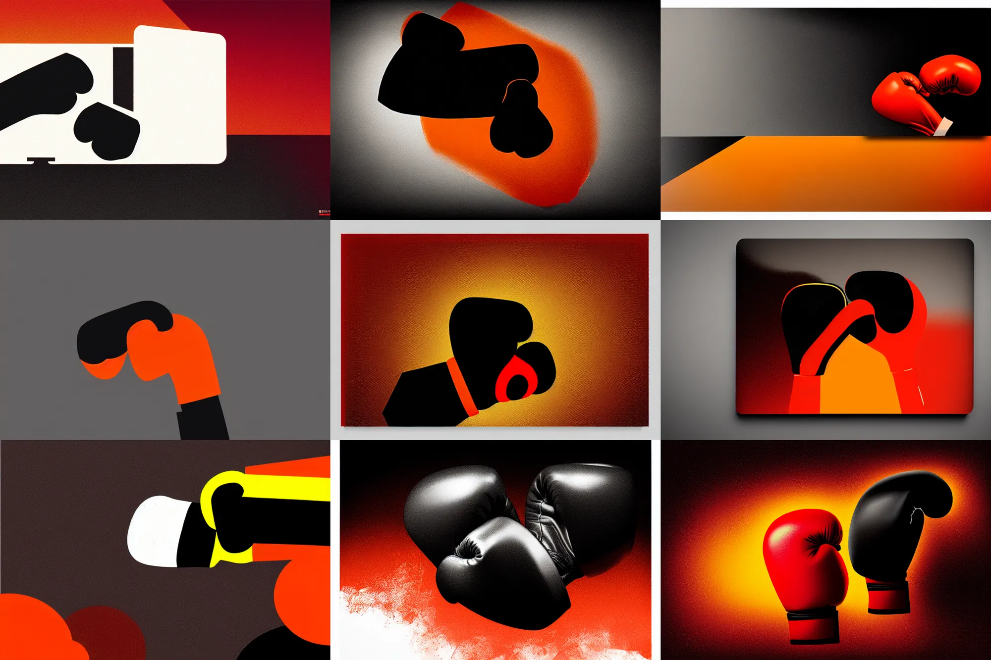 Prompt: editorial illustration by karolis strautniekas and mads berg, boxing glove punching a laptop screen, very light fog, red black yellow orange, fine texture, detailed, muted colors, film noir, dramatic lighting, dynamic composition, vivid, matte print, wide angle, ( ( sunbeams ) ), moody