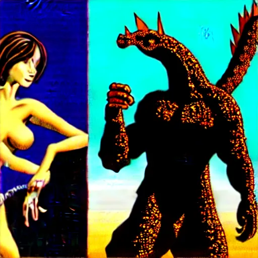 Image similar to adam and eve versus godzilla, gta vice city art style, smooth painting, each individual seeds have ultra high detailed, 4 k, illustration, torn cosmo magazine style, concept art, pop art style, ultra realistic, underrated, by yoji shinkawa, ayami kojima, tetsuya nomura, bob rafei h - 7 6 8