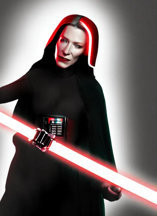 Prompt: Photo of cate blanchett with a red lightsaber, Star Wars concept art, trending on artstation, dramatic lighting, photo-realistic