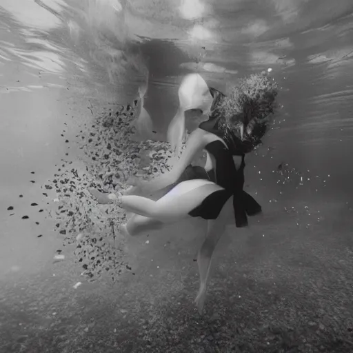 Prompt: medium format photograph of a surreal fashion shoot underwater