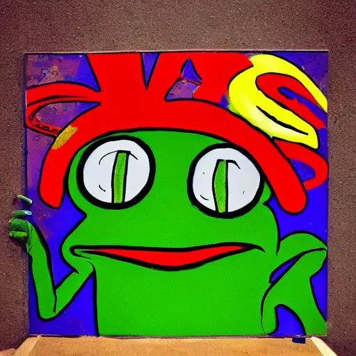 Image similar to A colorful pepe the frog clown, crazy, funny, stupid