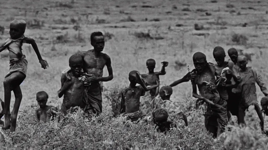 Prompt: 1 9 8 4 ethiopian famine and drought, moody, bbc television news, 8 k