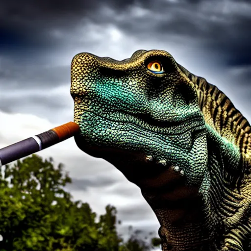 Image similar to dinosaur smoking a cigarette in their mouth realistic hdr professional shot