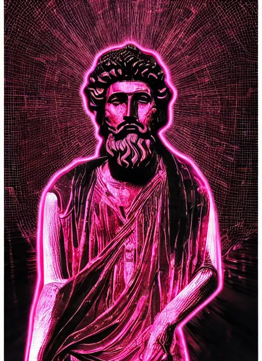 Image similar to dark design poster showing a statue of marcus aurelius, black background with very subtle red and purple design elements, powerful, nekro, vito acconci, thin straight lines, dark, glitch art, neo vaporwave, gritty, layout frame, square, trending on artstation