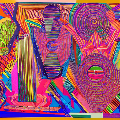 Prompt: people and animals made out of colorful generative synthwave art, neon, contemporary, integral painting, by Frank Stella, by William Weege, by Eduardo Paolozzi